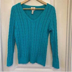 St John's Bay Teal Cotton blend CableKnit V-Neck Sweater, size Large petite